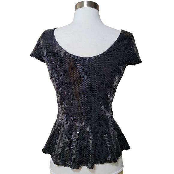 JS Boutique Women's Black Sequin Peplum Blouse Top Sequin Cap Sleeves Small - Picture 4 of 9